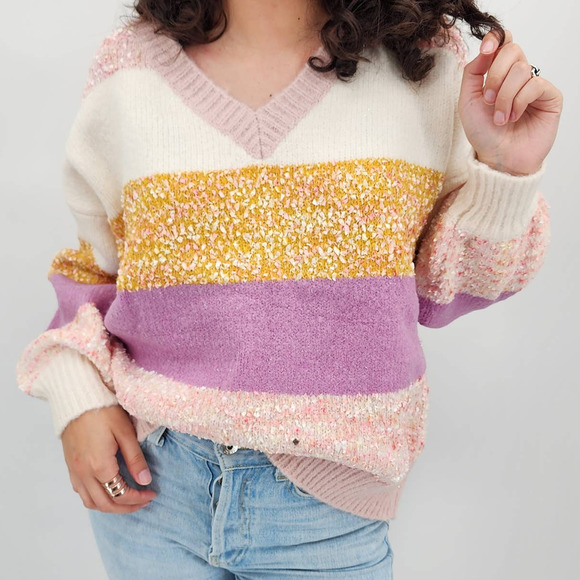 entro Sweaters - Entro V-Neck Pullover Pastel Pink Metalic Striped Chunky Sweater Large NWT